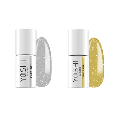 Dois frascos de verniz para unhas YOSHI Stay Bright, cinza prateado e dourado, sobre fundo branco.