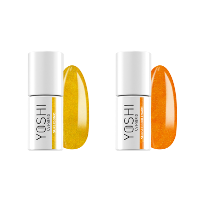 Dois frascos de verniz para unhas YOSHI com cores amarelo e laranja brilhante
