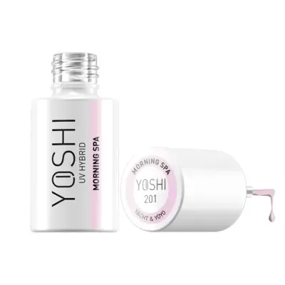 Frasco de verniz para unhas YOSHI UV HYBRID MORNING SPA com tampa ao lado e verniz cor de rosa. 