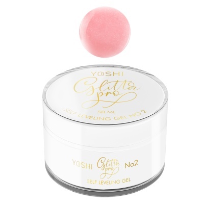 Gel auto-nivelante YOSHI Glitter Pro No2 em embalagem branca com esfera rosa em cima