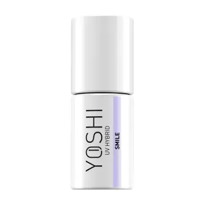 Verniz de unhas branco com texto YOSHI UV HYBRID SMILE e faixa lilás