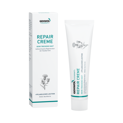 Creme de reparação GEHWOL FUSSKRAFT em tubo branco com caixa ao lado.