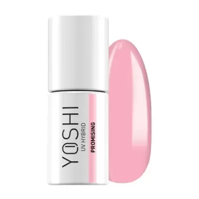 Frasco branco de verniz Yoshí UV Hybrid Promising com amostra cor rosa