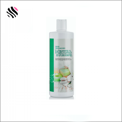 Frasco branco de óleo de massagem Mentola e Guaraná com rótulo verde e branco