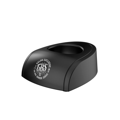 Suporte preto para barbeador elétrico com texto branco