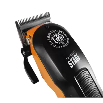 Máquina de cortar cabelo preta e laranja com textos visíveis