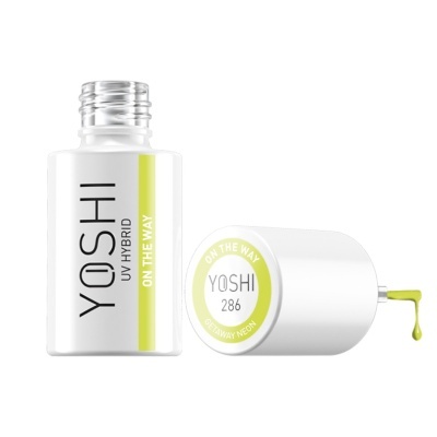 Frasco e tampa de verniz UV híbrido YOSHI branco com detalhes verdes, tampa aberta com gota de verniz