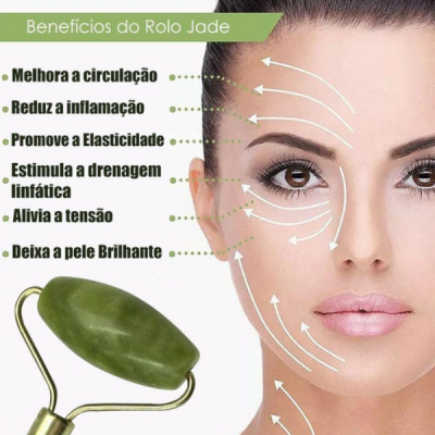 Rolo de jade verde e rosto feminino com texto sobre benefícios
