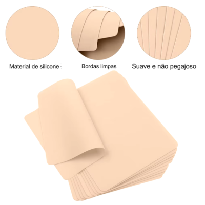 Placas de silicone cor de pele com bordas limpas e textura suave, texto em português visível