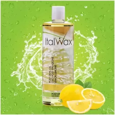 Garrafa de óleo pós-depilação ItalWax com limões frescos e fundo verde com gotas de água