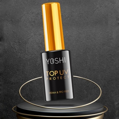 Frasco de verniz para unhas YOSHI TOP UV PROTECT com tampa dourada