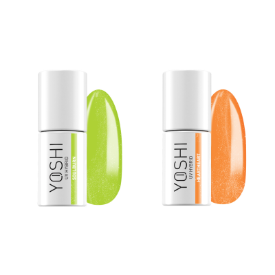 Dois frascos de verniz YOSHI DIY HYBRID verde lima e laranja com amostras da cor.