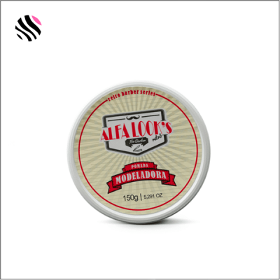 Pote de pomada modeladora ALFALOOK'S 150g com rótulo bege e vermelho.
