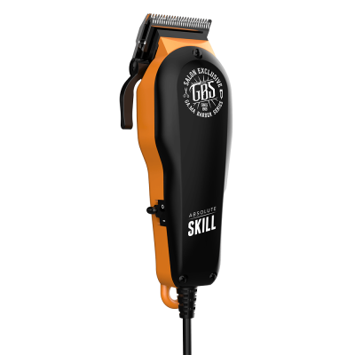 Máquina de cortar cabelo preta e laranja com lâmina metálica e texto em branco