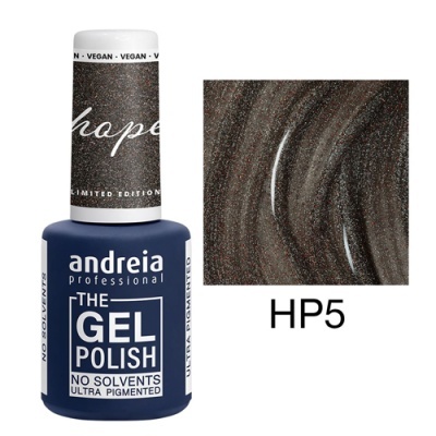 Esmalte Andreia The Gel Polish cor HP5 castanho escuro com brilhos prateados