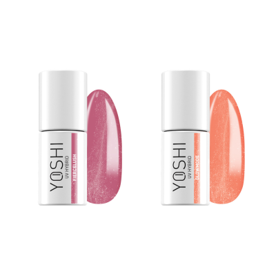 Dois frascos de verniz de unhas YOSHI UV HYBRID, cores rosa e laranja, com amostras das cores ao lado
