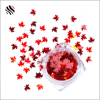 Pote transparente com lantejoulas de folhas de bordo vermelhas e vinho