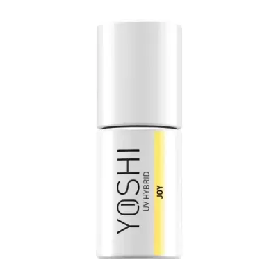 Frasco branco de produto YOSHI UV HYBRID JOY com faixa amarela