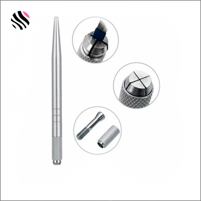 Instrumento metálico prateado para maquiagem com detalhes em relevo e partes rosqueáveis