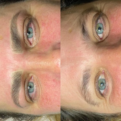 Antes e depois de sobrancelhas, mostrando diferença de definição e preenchimento