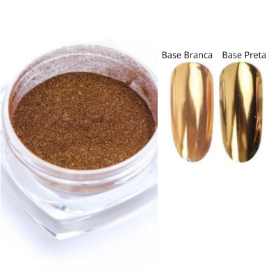 Pigmento metálico dourado para unhas em pote transparente com amostras em base branca e preta