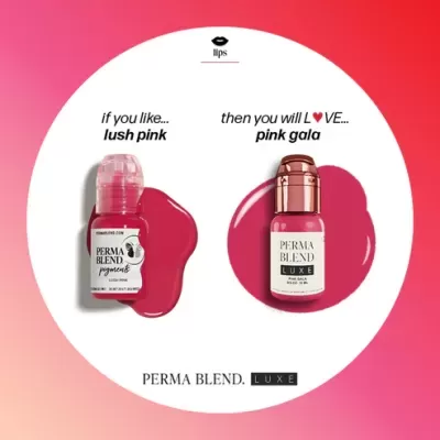 Dois frascos de pigmentos para lábios Perma Blend em tons de rosa sobre fundo circular branco com gradiente rosa.