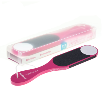 Lixa de pé rosa com superfícies abrasivas e caixa transparente