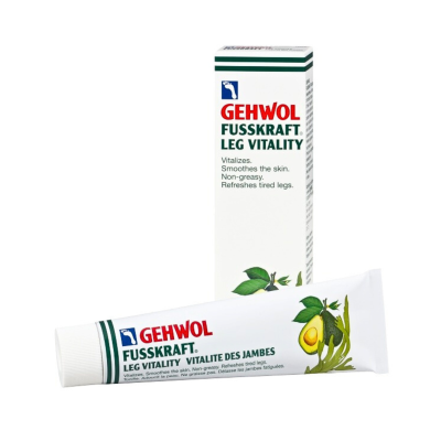 Embalagem e tubo branco de creme Gehwol Fusskraft com ilustrações de folhas e fruto