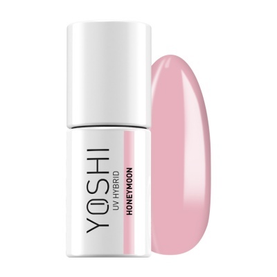 Frasco branco de verniz para unhas YOSHI UV HYBRID HONEYMOON com amostra oval rosa