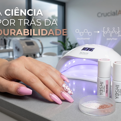 Mão com unhas rosa claro e glitter, lâmpada UV e frascos de verniz YOSHI