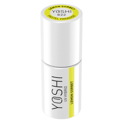Frasco branco de verniz UV híbrido YOSHI Lemon Sorbet com tampa e etiqueta amarela no topo.