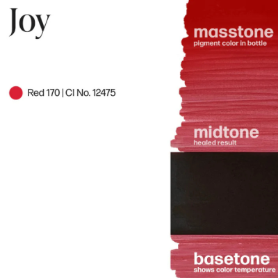 Amostra de cor vermelha chamada Joy com texto explicativo e referência de cor