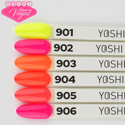 Amostras de verniz neon colorido numeradas de 901 a 906 da marca YOSHI.