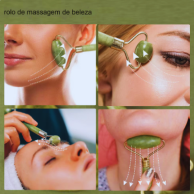 Rolo de massagem facial verde em uso em diferentes áreas do rosto feminino