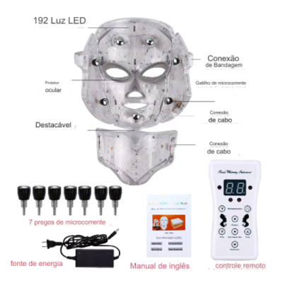 Máscara facial LED translúcida com luzes, conectores, pregos de microcorrente, fonte de energia, manual e controle remoto