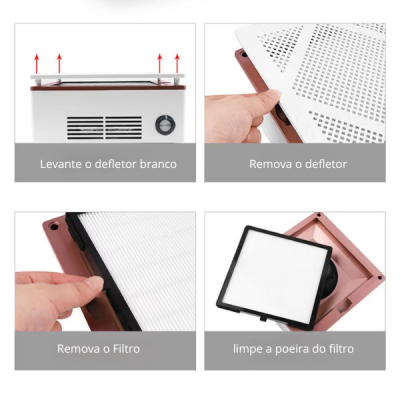 Instruções passo a passo para remover e limpar o filtro de um aparelho branco com defletor e filtro preto e branco.