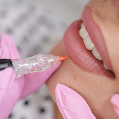 Aplicação de produto nos lábios com ponta de caneta por pessoa com luvas cor-de-rosa.