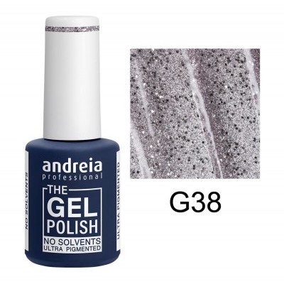 Frasco de verniz gel glitter prata andreia professional G38