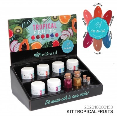 Kit Tropical Fruits by Brazil com cinco frascos pequenos de gel de cor em caixa preta com design de frutas tropicais