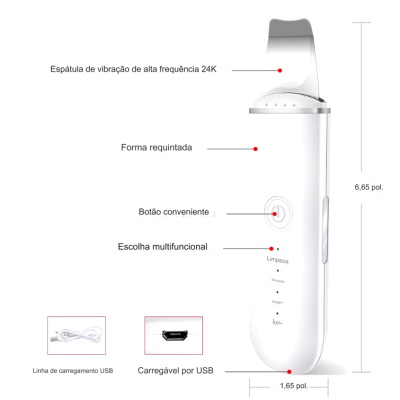 Dispositivo branco de cuidados faciais com espátula vibratória, texto explicativo e acessórios USB