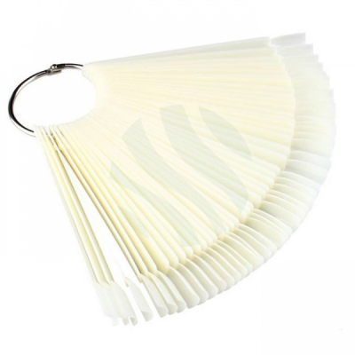 Expositor de amostras de unhas artificiais em plástico branco com anel metálico