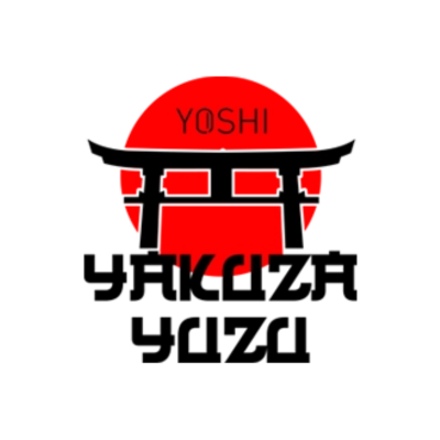 Logotipo com círculo vermelho, torii preto e texto YOSHI e YAKUZA YUZI