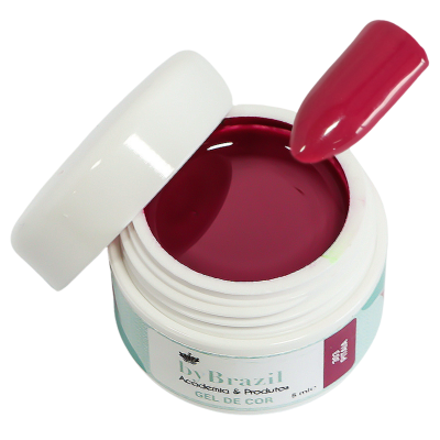 Pote de gel de cor vermelho-escuro para unhas com tampa branca aberta