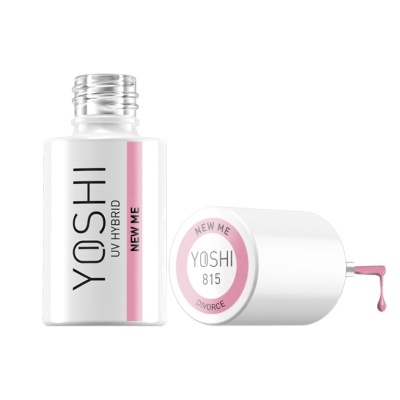 Verniz para unhas branco YOSHI UV híbrido NEW ME com tampa aberta e verniz rosa a escorrer