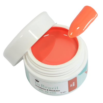 Frasco branco aberto de gel para unhas cor laranja com amostra da cor no aplicador