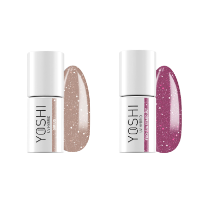 Dois frascos de verniz de unhas brilhante Yoshii Luxury, um nude e outro roxo, sobre fundo branco.