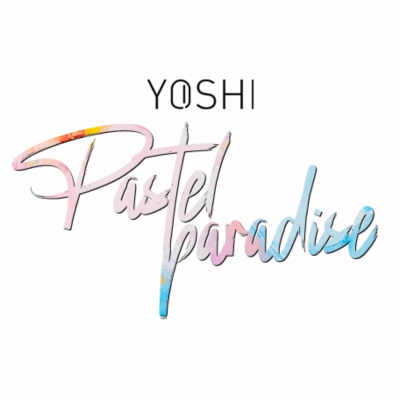 Texto colorido 'YOSHI Pastel paradise' com efeito aquarela em fundo branco