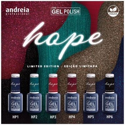 Seis frascos de verniz gel coloridos da Andreia Professional em fundo colorido glitter