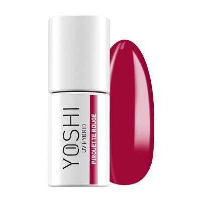 Esmalte YOSHI UV Hybrid cor Pirouette Rouge com embalagem branca e amostra da cor vermelha-púrpura