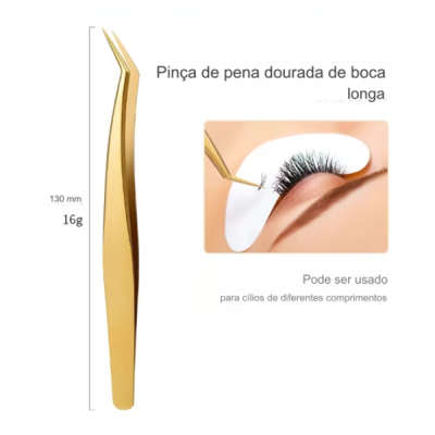 Pinça dourada para pestanas com aplicação em pestanas.